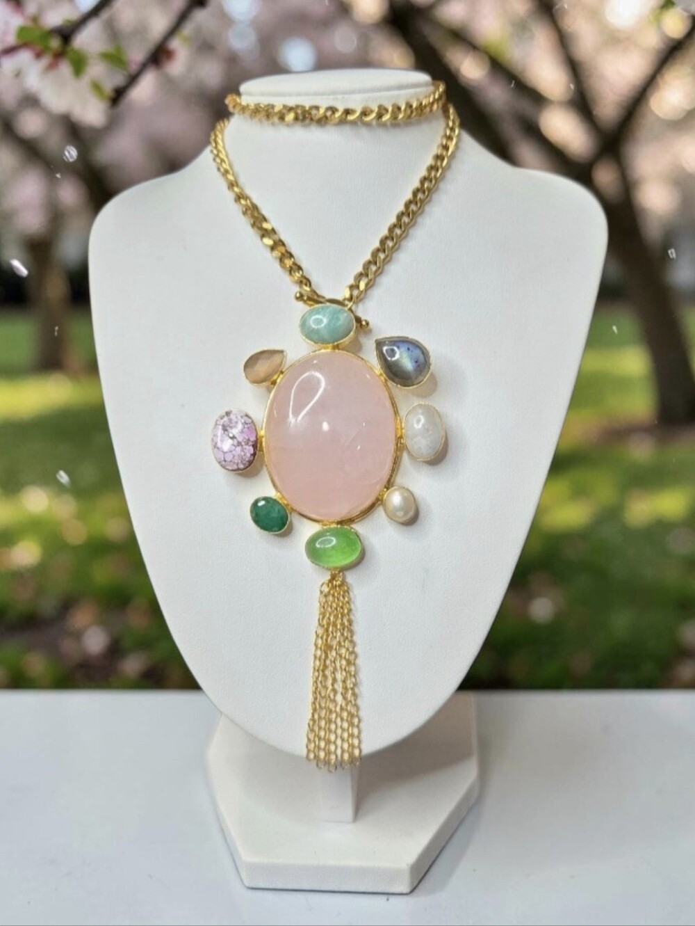 18k Gold Plated Artisan Rose Quartz Emerald Amethyst Pearl Amazonite Necklace